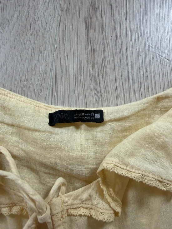 Zara Linen Lace Trim Ruffled Top In Light Yellow Sz. M - Picture 3 of 6